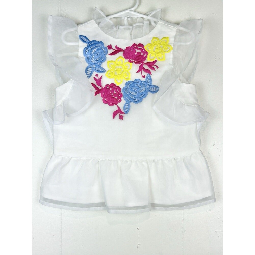 Janie & Jack 6 Girls Top Blouse White Floral Embroidered Organza Ruffle Girly